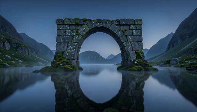 Ancient stone arch bridge standing in a serene misty lake surrounded by majestic mountains at dawn.
