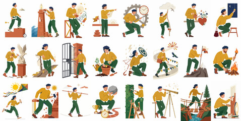 Fototapeta premium A collection of 24 illustrations depicting a character engaged in various activities like mountain climbing, building, gardening, painting, and exploring, symbolizing personal growth.