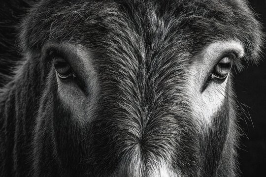 artistic black and white portrait of donkey face with detailed fur texture