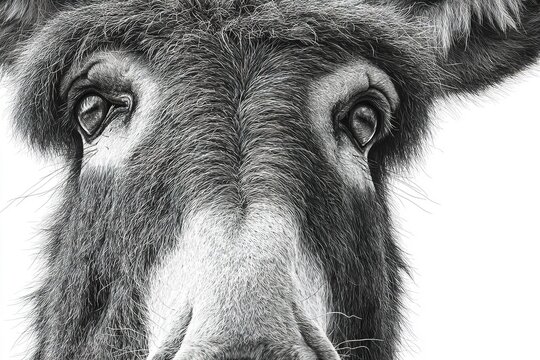 artistic black and white portrait of donkey face with detailed fur texture