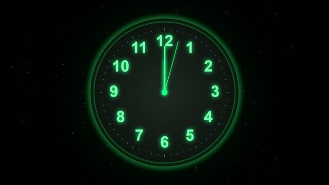 Glowing green clock face showing twelve oclock on dark background time  4K Video.