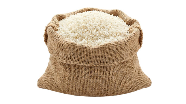 Burlap sack full of white uncooked rice grains, staple food for healthy diets.