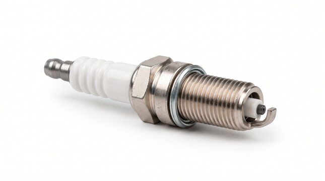 Automotive spark plug with threaded metal body and ceramic insulator shown in isolated studio setting