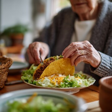 Senior Woman Preparing Fresh Beef Taco at Home Close-up