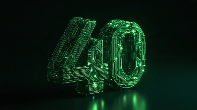 Number 40 is created using green PCB circuit pathways with lights at key points in a dark setting. This shows an electronic engineering concept.