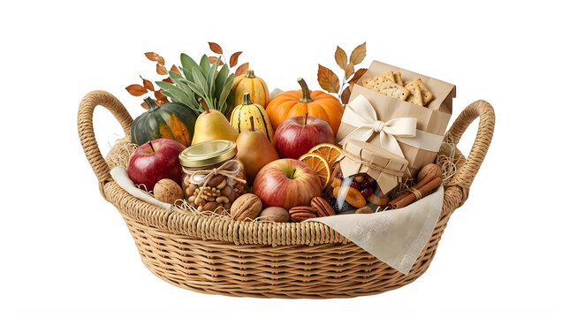 Thanksgiving harvest gift basket with apples, nuts and seasonal fruits
