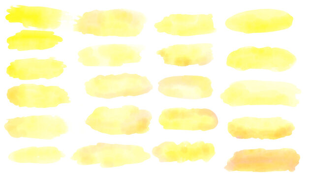 Set of yellow watercolor brush stroke stains, hand painted elements
