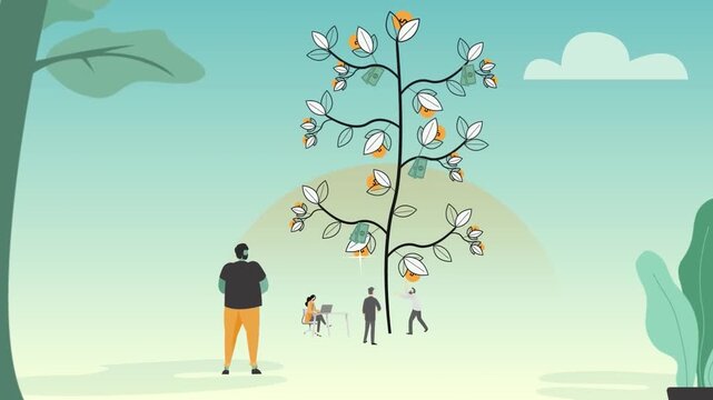 People standing near large money tree with coins and wealth bags