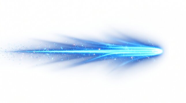 Abstract blue neon light streak with glowing particles isolated on a clean white background