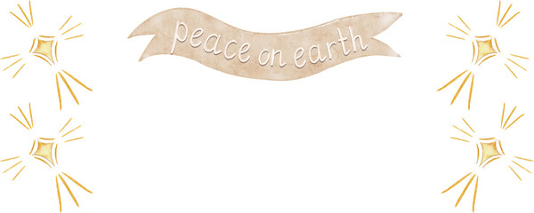 Christmas frame with golden stars, phrase Peace on earth banner, hand-painted watercolor on white background. Elegant nativity style border for luxury cards, invitations, branding, and sacred designs © Ekaterina