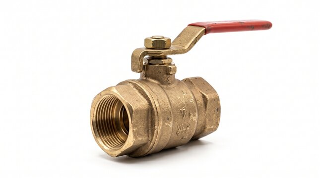 Brass gate valve with red handle isolated on white background for plumbing and industrial applications