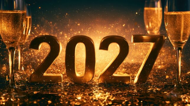 Shiny golden numbers 2027 new year celebration with sparkling glitter and champagne glasses on reflective surface festive party