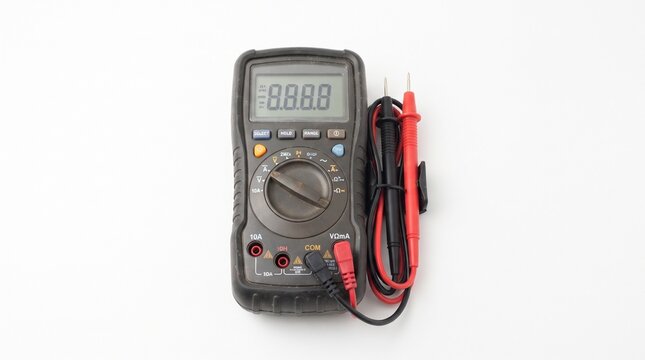 Digital multimeter measuring voltage with red and black test probes connected