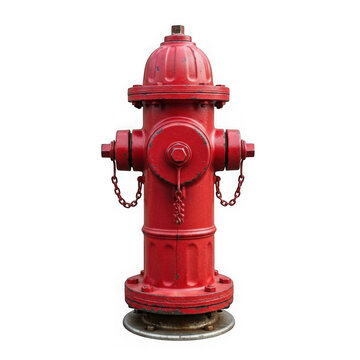 A bright red fire hydrant standing as a classic piece of urban street safety equipment isolated on transparent background , PNG
