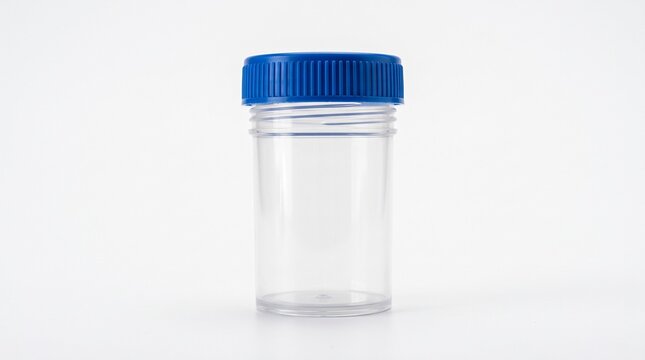 Empty medical specimen container with a blue screw cap isolated on a white background