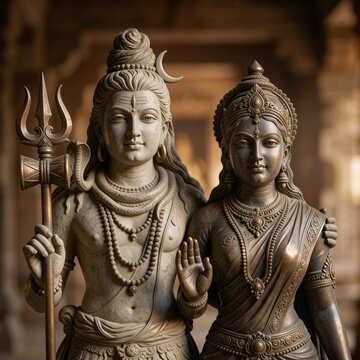 statue of Loard Shiva and Goddess Parvathi statue,Hindu Deities in a Sacred Temple Setting
