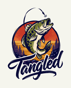 Bass fishing vector illustration. Retro outdoor adventure badge. Largemouth bass jumping. Vintage fishing club logo with sunset and forest.