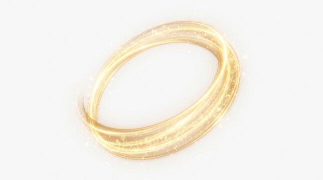 Abstract golden glowing light ribbon forming a circular loop with sparkling particles on white