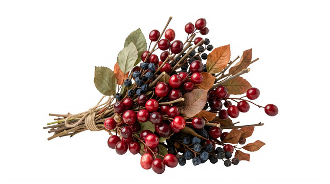 Christmas red berry twig bundle with brown autumn leaves and twigs
