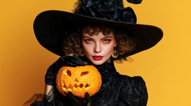 Young woman in gothic black dress and wide hat holding carved pumpkin with spooky face for Halloween celebration