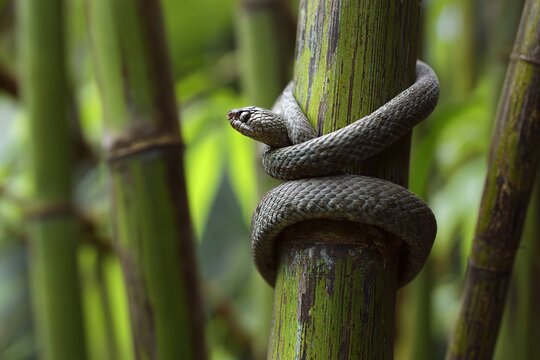 snake wrapped around bamboo stalk in Asian jungle