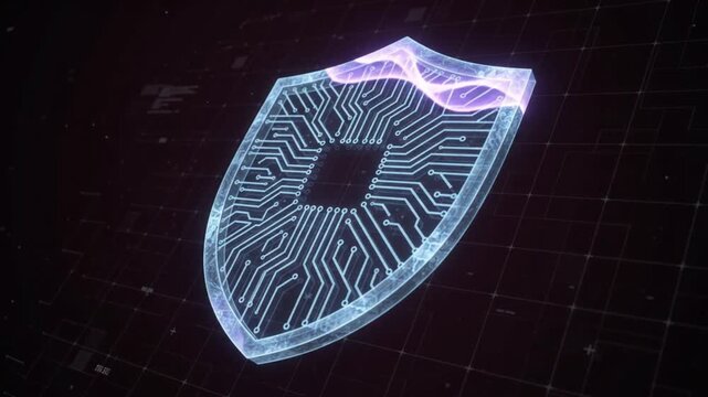 Futuristic digital shield with glowing cybernetic circuit board patterns representing advanced network security and data protection