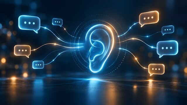 Glowing neon ear hologram surrounded by digital chat bubbles connected by data lines representing social listening customer feedback and telecommunications network