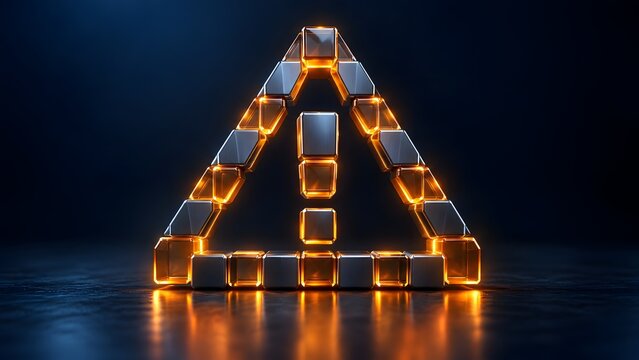 Glowing 3D metallic warning triangle sign illuminated with orange neon light on a dark reflective floor representing hazard alert danger caution and error prevention