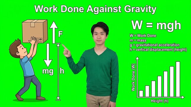 Asian man explaining physics work formula w equal to mgh with height displacement chart in green studio