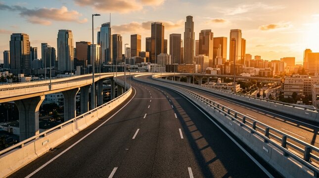 Modern City Skyline at Sunset with Highway Overpass