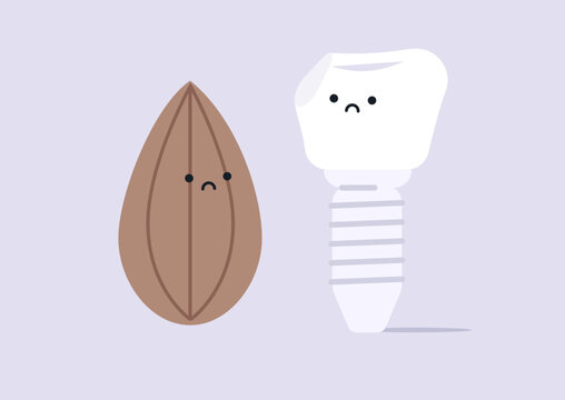 An almond and a damaged tooth implant sit side by side, both featuring sad expressions, This playful scene captures their unique perspectives on dental care, encouraging smiles and thought.