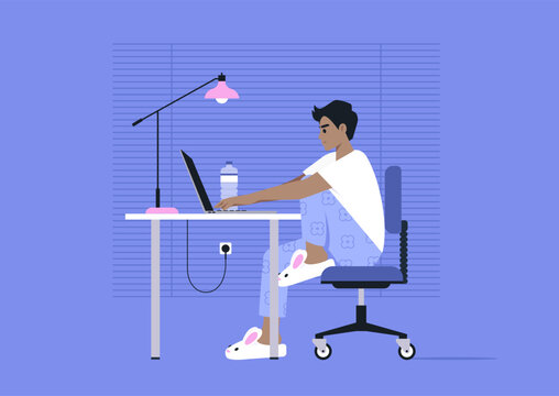 A person enjoys a relaxed working environment in a colorful home office, donning cheerful bunny slippers and pyjamas while typing on a laptop, surrounded by a vibrant backdrop and soft lighting.