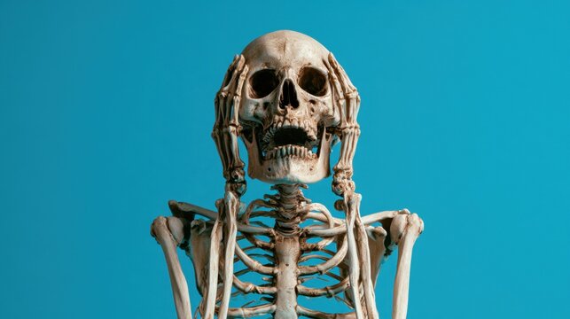 Human skeleton model holding head with both hands isolated on blue background, concept of stress, anxiety, or headache pain