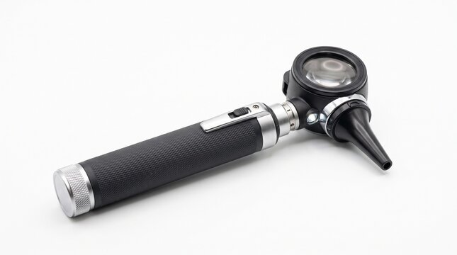 Medical otoscope diagnostic tool for ear examination isolated on a clean white background