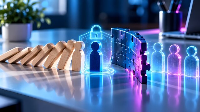 Blue wooden figure with holographic security shield and puzzle wall blocking falling dominos to protect digital avatars representing cyber defense and network data privacy