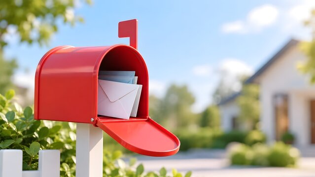 Red mailbox full of letters outside a suburban house representing postal service daily correspondence and residential neighborhood communication