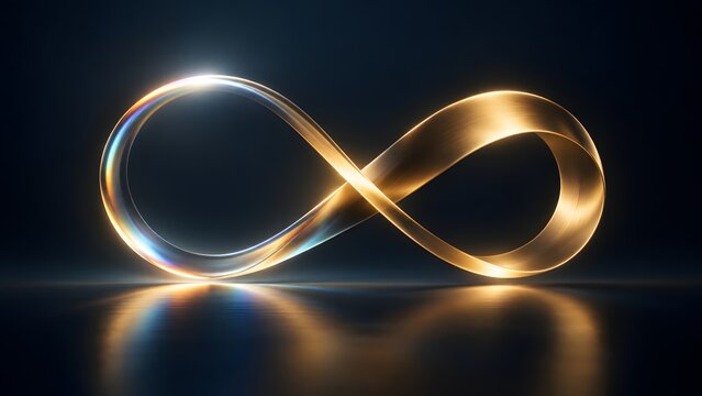 Glowing golden infinity symbol on dark reflective background representing limitless potential endless possibilities and eternal loop connection