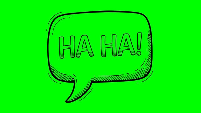 hand drawn style black fill speech bubble animation with laughing text on green screen chroma key background. Perfect for comedy content