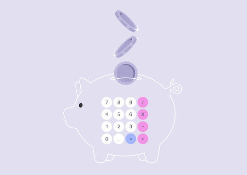 In a cheerful and creative scene, a digital piggy bank features a colorful keypad while shiny coins float above, symbolizing money counting in a fun way, Soft pastel hues make it inviting.