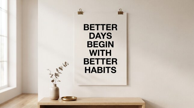 Minimalist wall poster with motivational quote hanging above a wooden console table in a bright room
