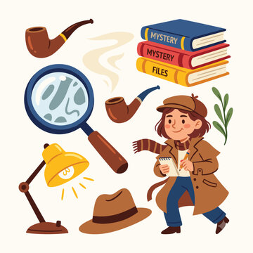 Vintage Detective Character And Crime Investigation Elements Collection