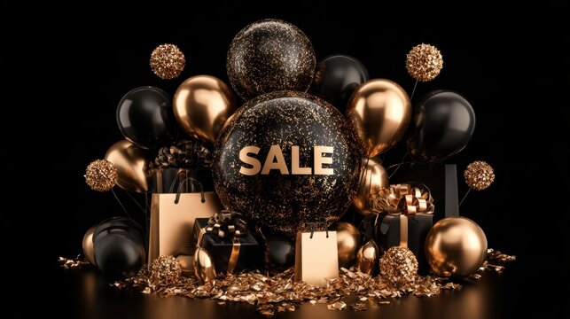 Luxurious black and gold balloons and gift boxes with sale text and confetti on dark background for celebration or promotion event