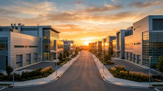 Modern Office Buildings at Sunset - Corporate Park Landscape