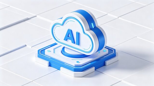 AI cloud computing concept with blue and white 3D cloud icon on modern digital platform, idea for artificial intelligence, online processing and smart cloud technology
