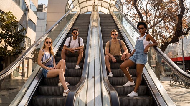 A group of young travelers with backpacks and casual attire sits on separate escalators in an urban setting, enjoying a moment of rest during their journey.
