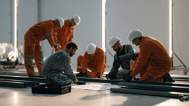 A multicultural construction crew preparing steel frame materials the night before a skyscraper erection in a minimalist studio setup, a toolbox open on the floor, the group