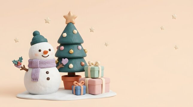 Small decorative miniature Christmas trees and figurines beautifully lit