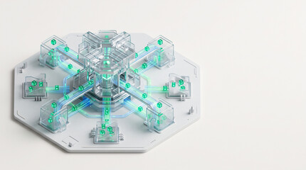 Fototapeta premium Isometric 3D render of tier one glass central banking core distributing glowing emerald currency nodes across regional clearing pods on off white backdrop with copy space