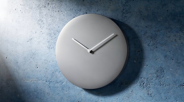 Minimalist Modern Grey Wall Clock Without Numbers Mounted on a Blue Textured Concrete Wall with Dramatic Side Lighting, Perfect for Time Management, Interior Decor, and Professional Office.