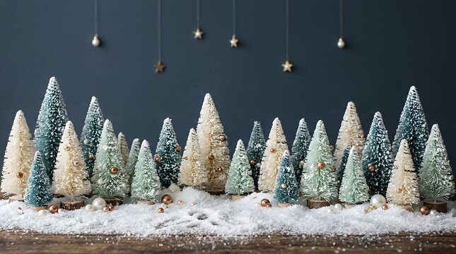 Small decorative miniature Christmas trees and figurines beautifully developed